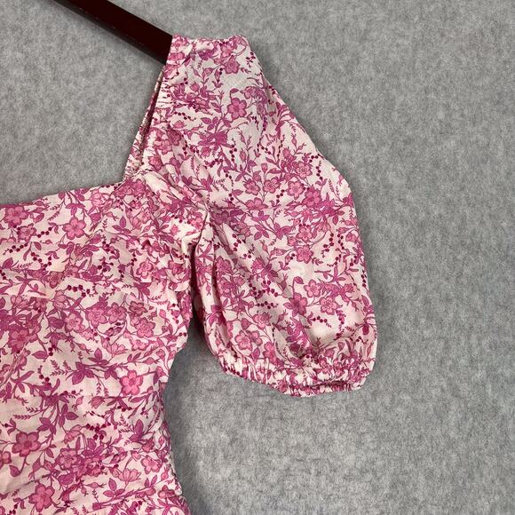 O.P.T Pink Floral Square Neck Short Puff Sleeve Midi Dress Size Small - Picture 4 of 11